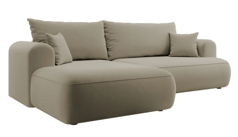 Ecksofa mit Schlafunktion Ovo, L-förmig, beige Velours mit Stauraum, aus leicht zu reinigendem Stoff, linksseitig