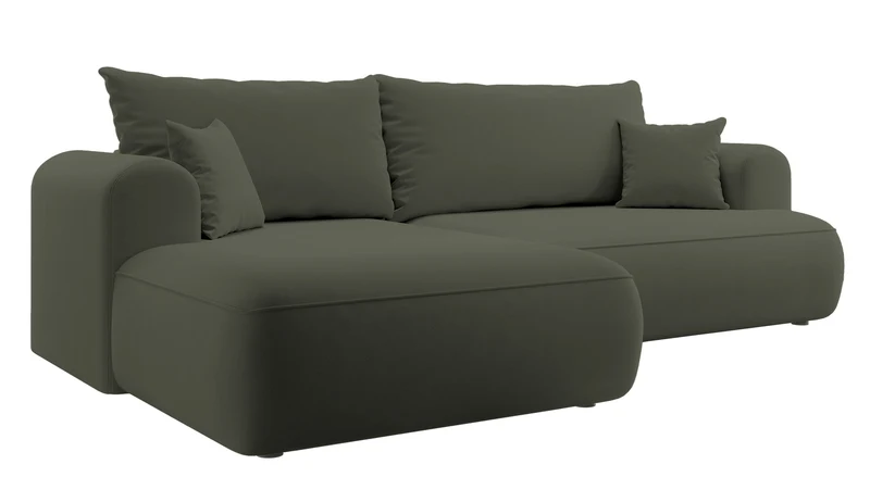 Ecksofa mit Schlaffunktion Ovo, L-förmig, olivgrüner Samt mit Stauraum, aus pflegeleichtem Stoff, linksseitig