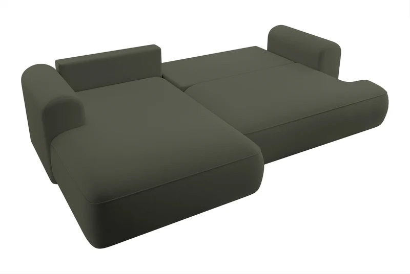 Ecksofa mit Schlaffunktion Ovo, L-förmig, olivgrüner Samt mit Stauraum, aus pflegeleichtem Stoff, linksseitig