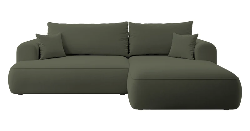 Ecksofa mit Schlaffunktion Ovo, L-förmig, olivgrüner Samtstoff mit Stauraum, leicht zu reinigender Stoff, rechtsseitig