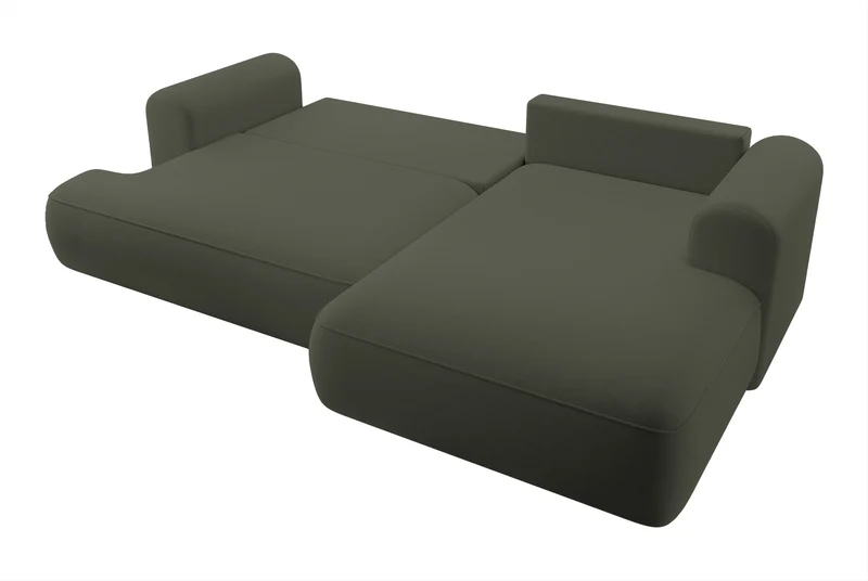 Ecksofa mit Schlaffunktion Ovo, L-förmig, olivgrüner Samtstoff mit Stauraum, leicht zu reinigender Stoff, rechtsseitig
