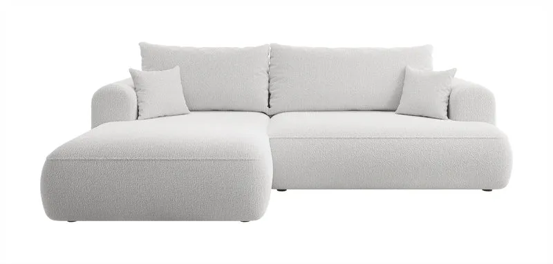 Ecksofa mit Schlaffunktion Ovo, L-förmig, grau mit Stauraum, Bouclé, linke Seite
