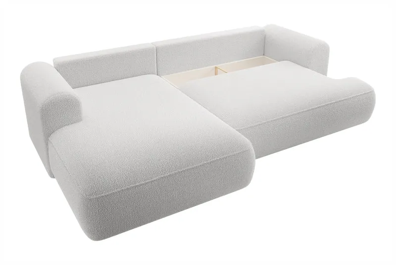 Ecksofa mit Schlaffunktion Ovo, L-förmig, grau mit Stauraum, Bouclé, linke Seite