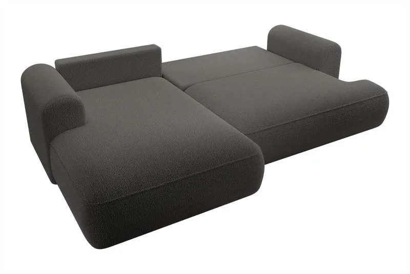Ecksofa mit Schlaffunktion Ovo, L-förmig, dunkelgrau, mit Stauraum, Bouclé, linksseitig
