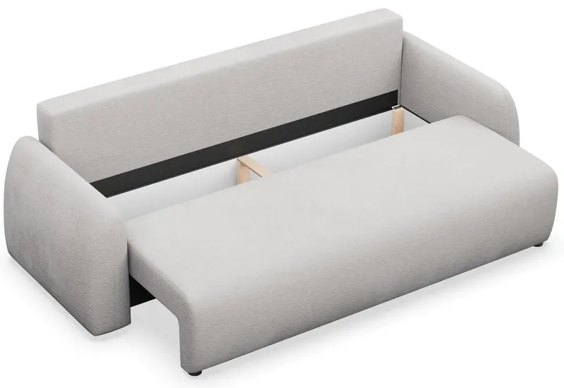 Dreisitziges ausklappbares Sofa Nubelle mit Stauraum, hellgrauer hydrophober Chenillestoff