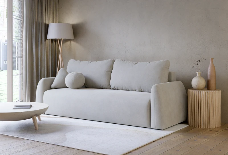 Dreisitziges ausklappbares Sofa Nubelle mit Stauraum, hellgrauer hydrophober Chenillestoff