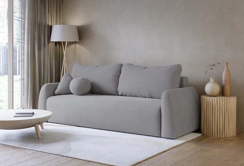 Dreisitziges ausklappbares Sofa Nubelle mit Stauraum, grauer hydrophober Chenillestoff