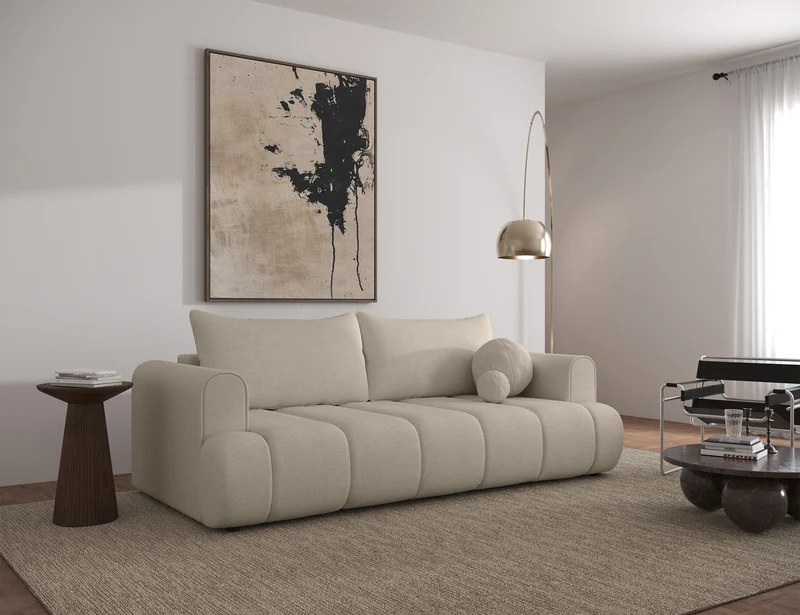 Dreisitziges Sofa Dandelino mit Schlafunktion, hellbeiger hydrophober Chenillestoff