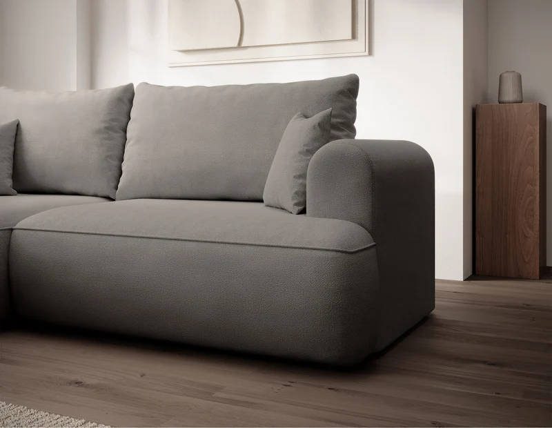 Ecksofa mit Schlaffunktion Ovo Mini, L-Form, linksseitig, mit Stauraum, grau-beiger, pflegeleichter Chenille-Stoff