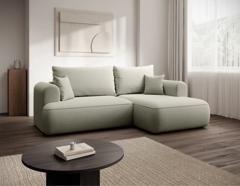 Ecksofa mit Schlaffunktion Ovo Mini, L-förmig, rechtsseitig, mit Stauraum, beige Velours, leicht zu reinigen