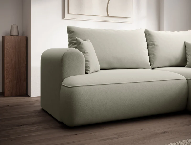 Ecksofa mit Schlaffunktion Ovo Mini, L-förmig, rechtsseitig, mit Stauraum, beige Velours, leicht zu reinigen