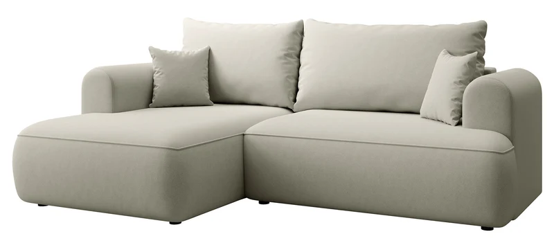 Ecksofa mit Schlaffunktion Ovo mini, L-förmig, linksseitig, mit Stauraum, hellbeiger Velours, pflegeleicht