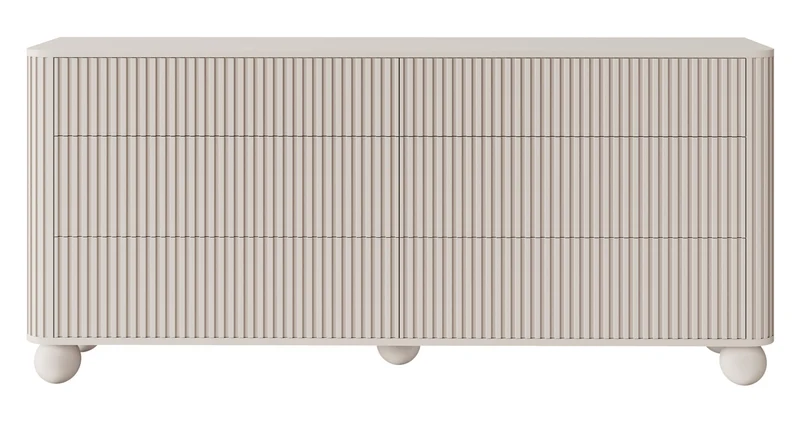 Kommode Arvello mit Fräsungen und sechs Schubladen, 168 cm, auf Kugelfüßen, beige sandfarben