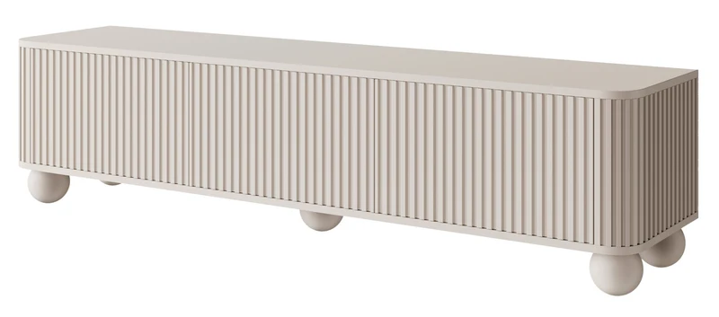 Kommode Arvello mit Fräsungen, dreitürig, 163 cm, auf kugelförmigen Beinen, Sandbeige