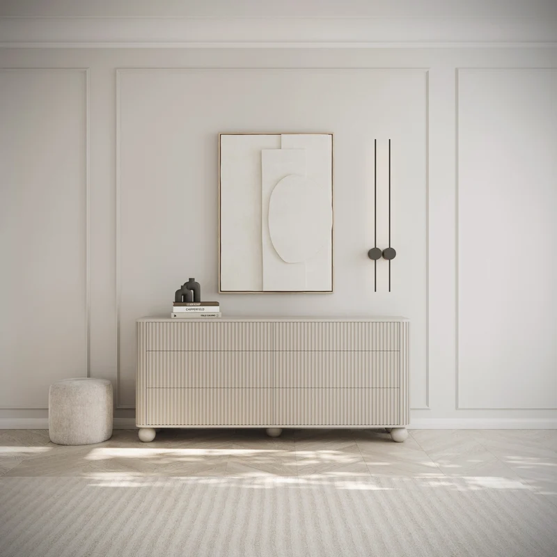 Kommode Arvello mit Fräsungen und sechs Schubladen, 168 cm, auf Kugelfüßen, beige sandfarben