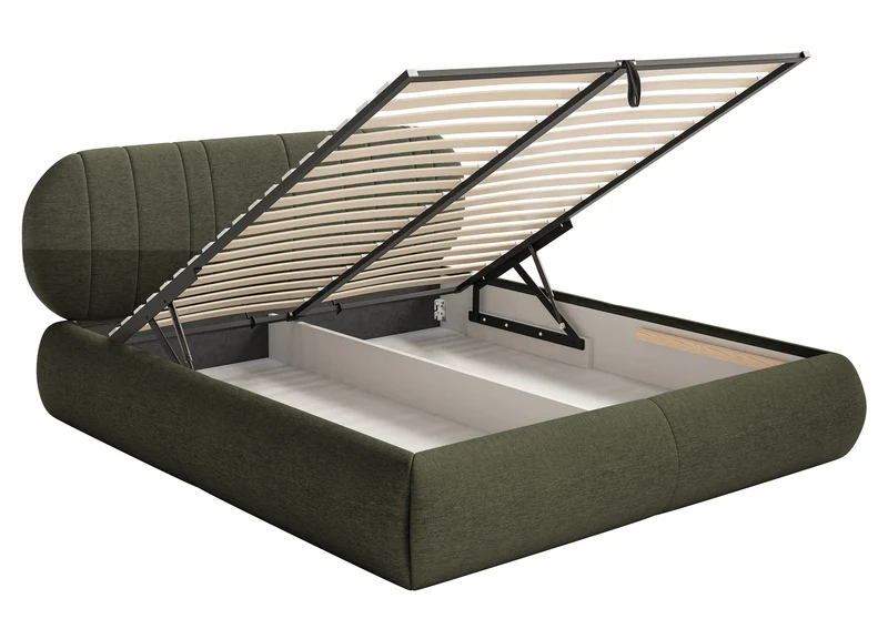 Gepolstertes Bett 160x200 cm Asmelio mit Stauraum, Metallrahmen, khakifarbenes Geflecht