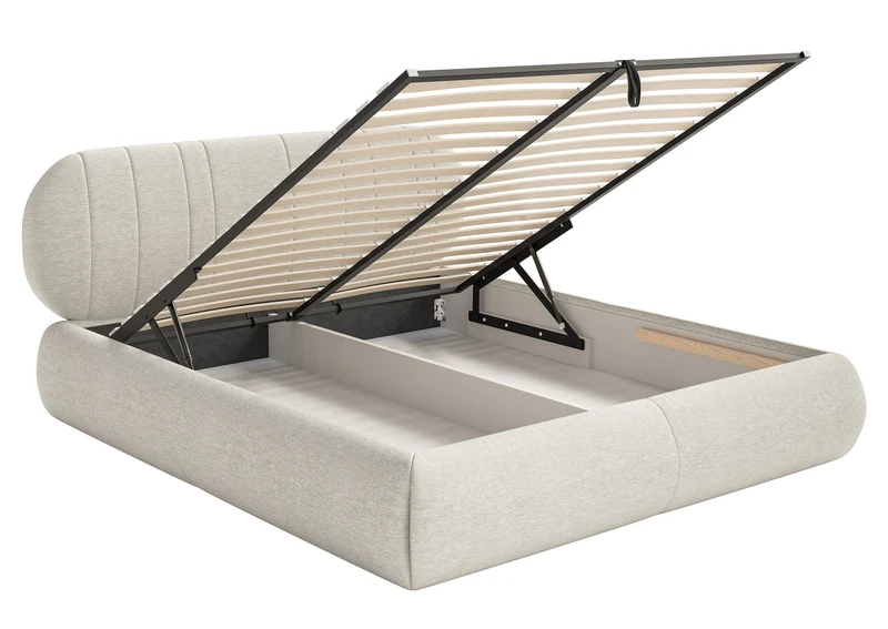 Gepolstertes Bett 160x200 cm Asmelio mit Stauraum, Metallrahmen, cremefarbenes Geflecht