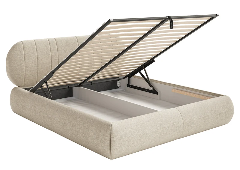 Gepolstertes Bett 160x200 cm Asmelio mit Stauraum, Metallrahmen, beige Geflecht