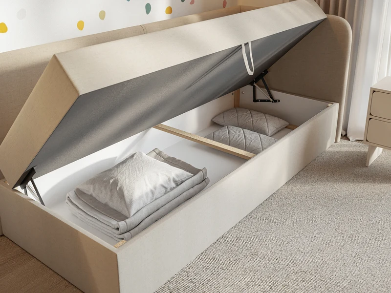 Jugendbett 90x200 cm Calmmo rechtsseitig mit Stauraum, hellbeiger hydrophober Chenille-Stoff