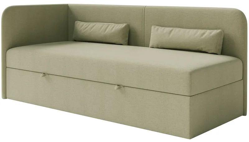 Jugendbett 90x200 cm Calmmo linksseitig mit Stauraum, olivgrüner hydrophober Chenille-Stoff