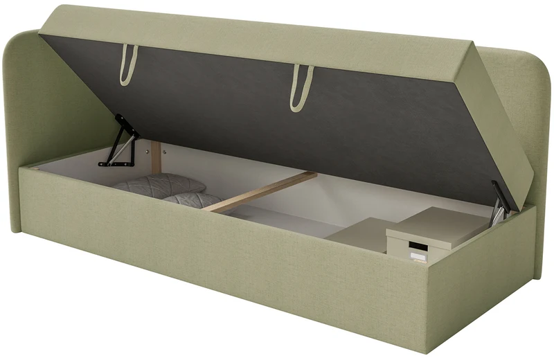 Jugendbett 90x200 cm Calmmo linksseitig mit Stauraum, olivgrüner hydrophober Chenille-Stoff