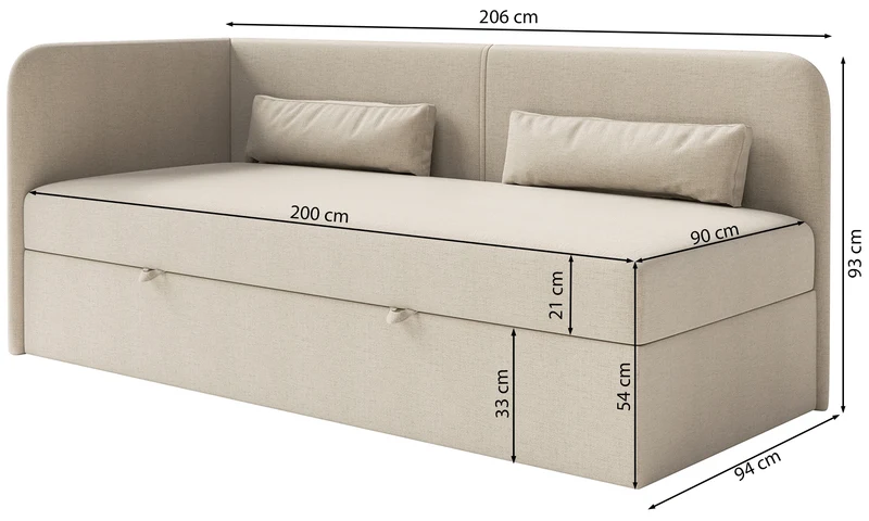 Jugendbett 90x200 cm Calmmo linksseitig mit Stauraum, dunkelgrauer hydrophober Chenillestoff