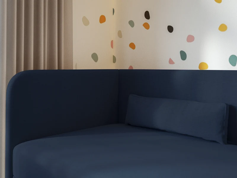 Jugendbett 90x200 cm Calmmo linksseitig mit Stauraum, marineblauer hydrofober Chenille-Stoff