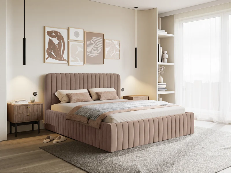 Polsterbett 140x200 cm Saliano mit Stauraum, beige, wasserabweisender Samt