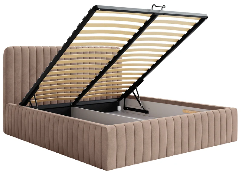 Polsterbett 140x200 cm Saliano mit Stauraum, beige, wasserabweisender Samt