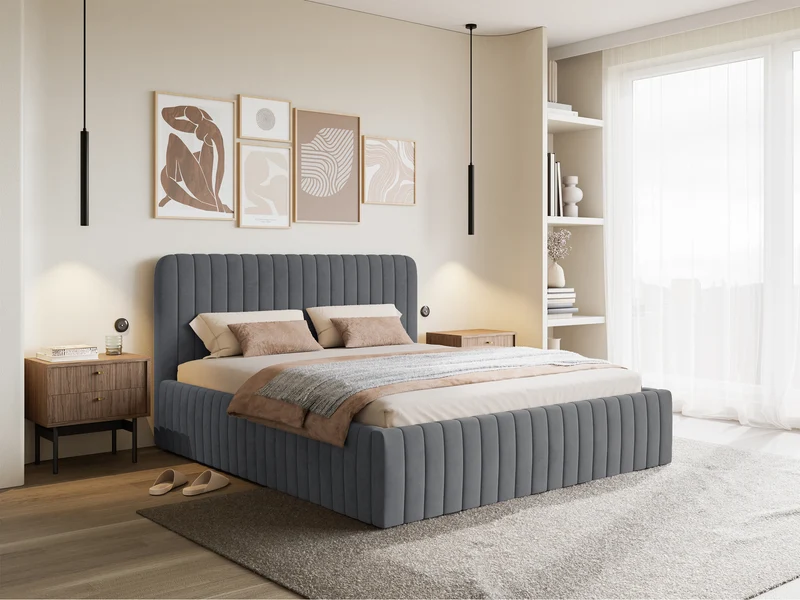 Polsterbett 140x200 cm Saliano mit Stauraum, blau-grauer Velours, wasserabweisend