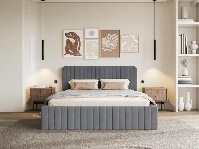 Polsterbett 140x200 cm Saliano mit Stauraum, blau-grauer Velours, wasserabweisend