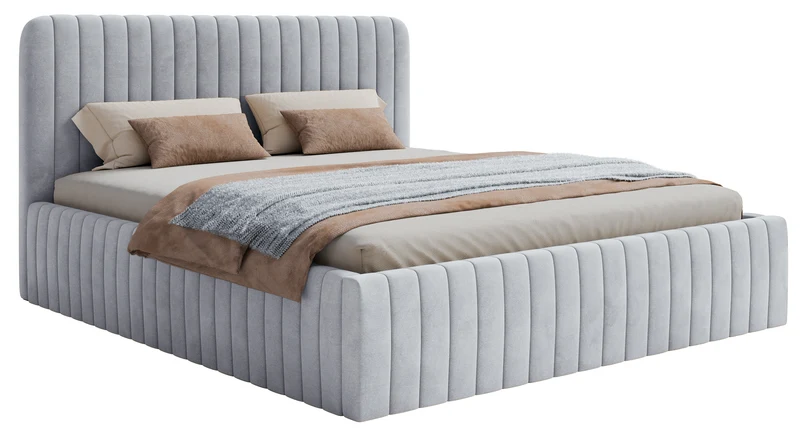 Polsterbett 160x200 cm Saliano mit Stauraum, taubenblauer Velours, wasserabweisend