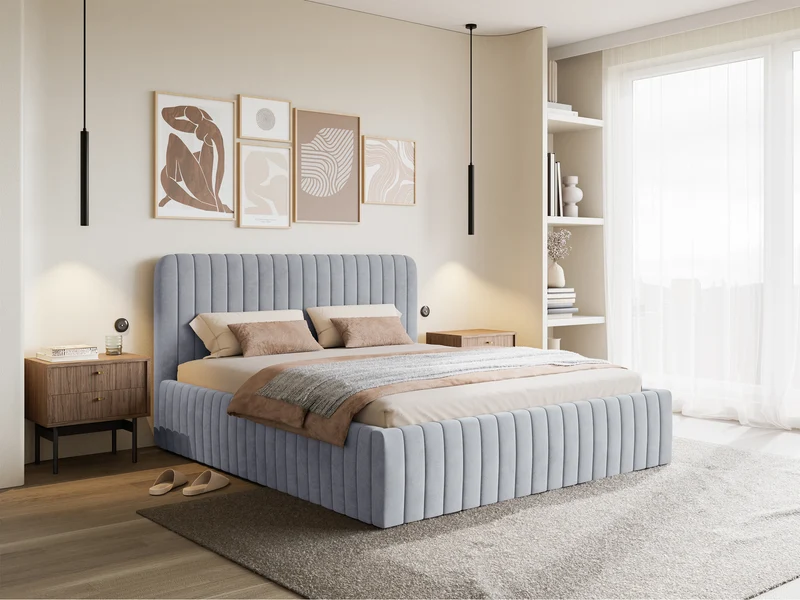 Polsterbett 160x200 cm Saliano mit Stauraum, taubenblauer Velours, wasserabweisend