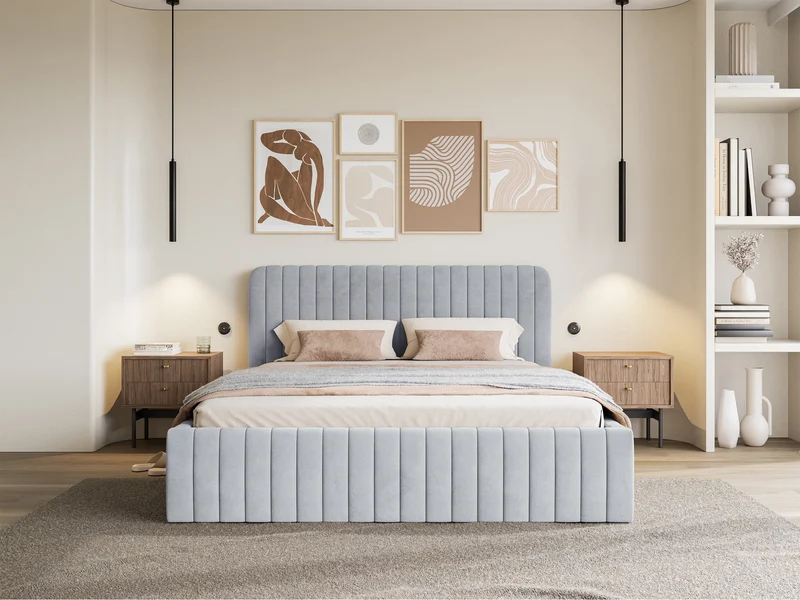 Polsterbett 160x200 cm Saliano mit Stauraum, taubenblauer Velours, wasserabweisend