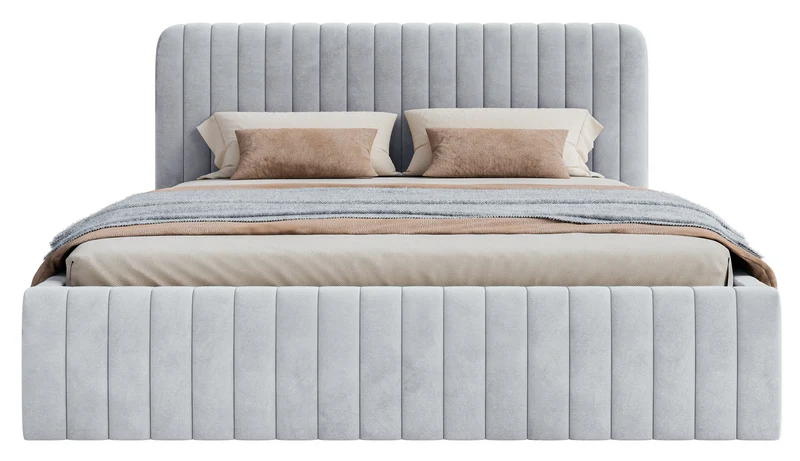 Polsterbett 160x200 cm Saliano mit Stauraum, taubenblauer Velours, wasserabweisend