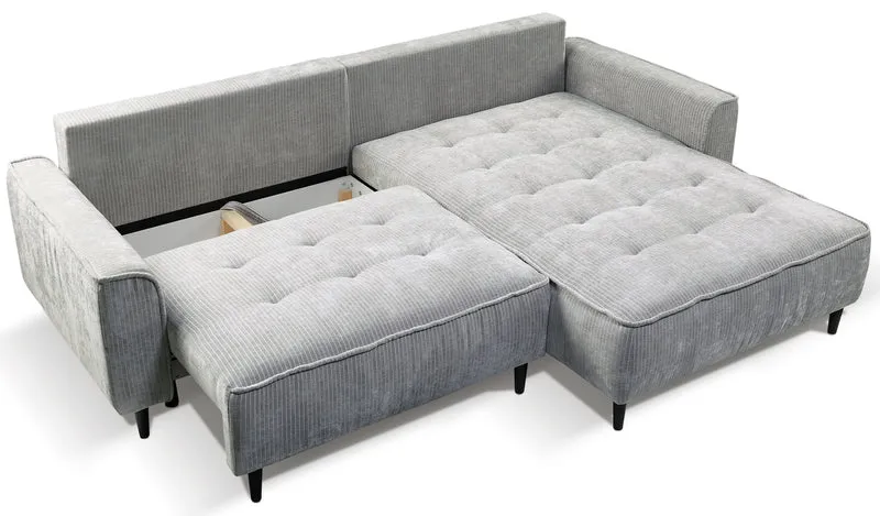 Ecksofa mit Schlaffunktion Blues, L-förmig, rechtsseitig, mit Stauraum, grauer Cordstoff