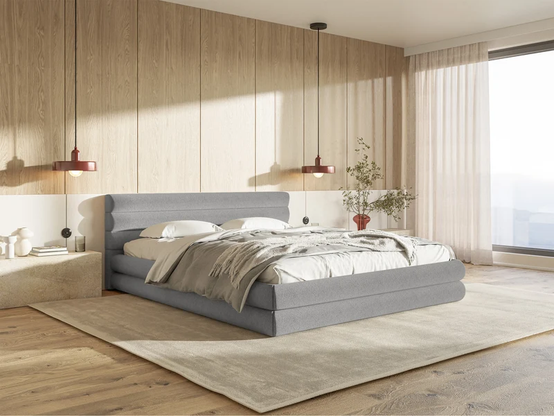 Gepolstertes Bett 160x200 cm Alegre mit Bettkasten, hellgrauer Chenille-Stoff, Metallrahmen