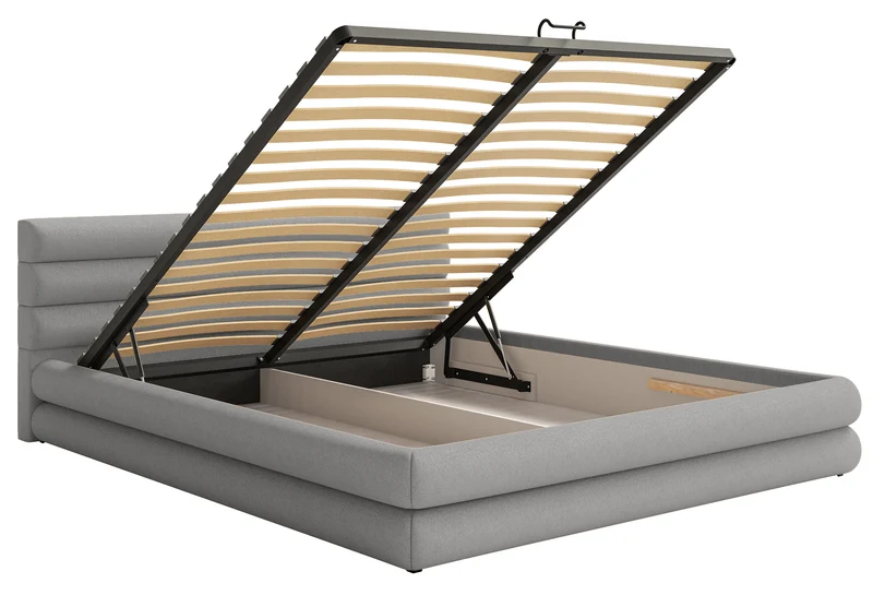 Gepolstertes Bett 160x200 cm Alegre mit Bettkasten, hellgrauer Chenille-Stoff, Metallrahmen