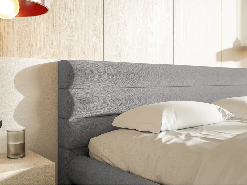 Gepolstertes Bett 160x200 cm Alegre mit Bettkasten, hellgrauer Chenille-Stoff, Metallrahmen