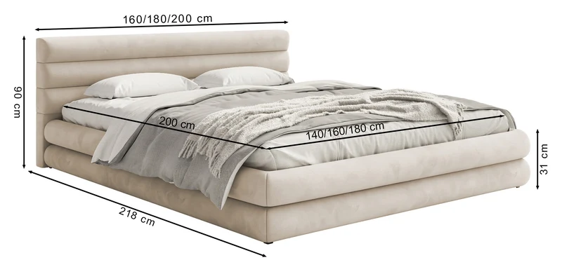Polsterbett 160x200 cm Alegre mit Bettkasten, hellbeiger Chenille-Stoff, Metallrahmen