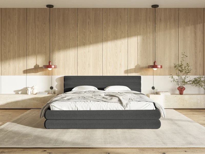 Gepolstertes Bett 160x200 cm Alegre mit Bettkasten, grafitfarbenes Chenille, Metallrahmen