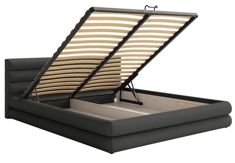 Gepolstertes Bett 160x200 cm Alegre mit Bettkasten, grafitfarbenes Chenille, Metallrahmen