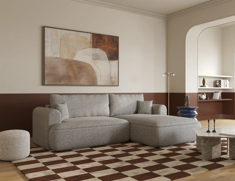 Ecksofa mit Schlaffunktion Ovo L-förmig, grau-beige Flechtoptik, rechtsseitig