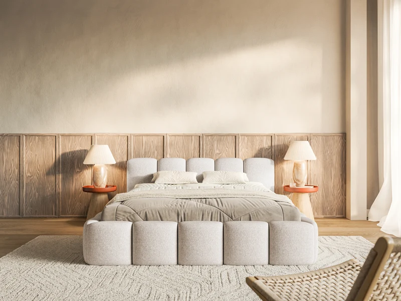 Polsterbett 200x200 cm Cloudy Low hellbeige Chenille, wasserabweisend, Holzrahmen