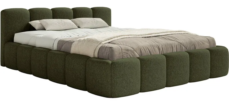Polsterbett 140x200 cm Cloudy Low mit Stauraum, olivgrüner hydrophober Chenille-Stoff, Metallrahmen
