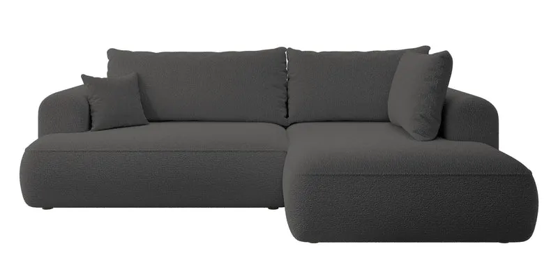 Ecksofa mit Schlaffunktion Ovo, L-förmig, mit Armlehne und Stauraum, dunkelgrauer Bouclé, rechtsseitig