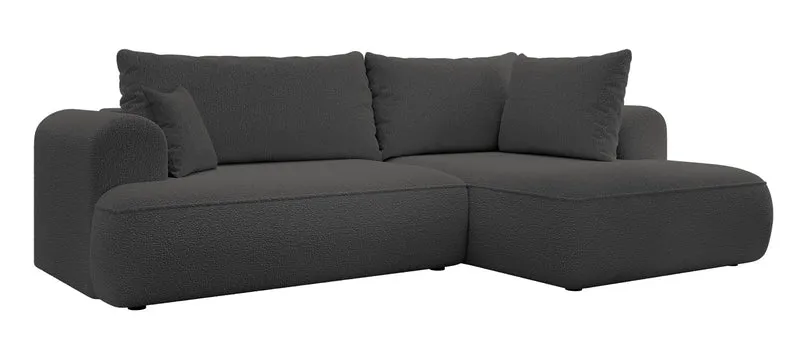 Ecksofa mit Schlaffunktion Ovo, L-förmig, mit Armlehne und Stauraum, dunkelgrauer Bouclé, rechtsseitig