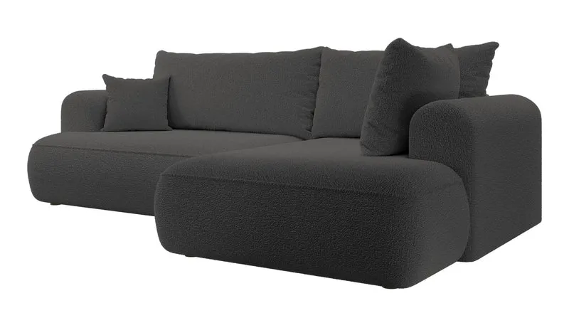 Ecksofa mit Schlaffunktion Ovo, L-förmig, mit Armlehne und Stauraum, dunkelgrauer Bouclé, rechtsseitig