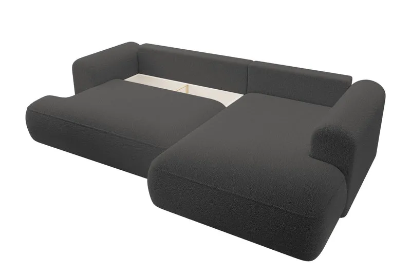 Ecksofa mit Schlaffunktion Ovo, L-förmig, mit Armlehne und Stauraum, dunkelgrauer Bouclé, rechtsseitig