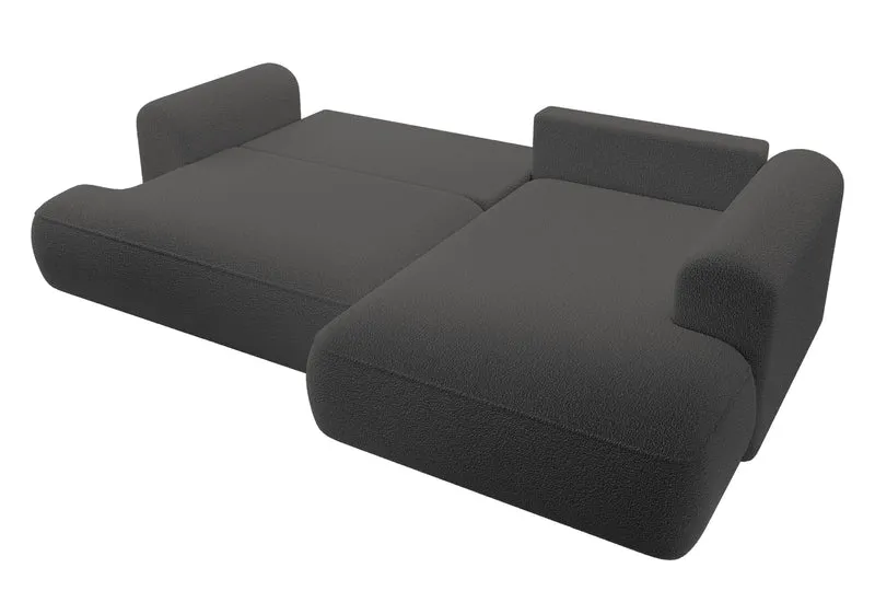 Ecksofa mit Schlaffunktion Ovo, L-förmig, mit Armlehne und Stauraum, dunkelgrauer Bouclé, rechtsseitig